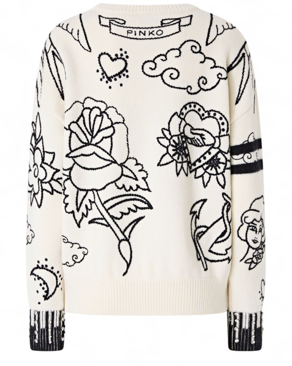 Retro del maglione PINKO in lana merino con ricami tattoo e dettagli strass, ideale per look invernali originali e femminili.