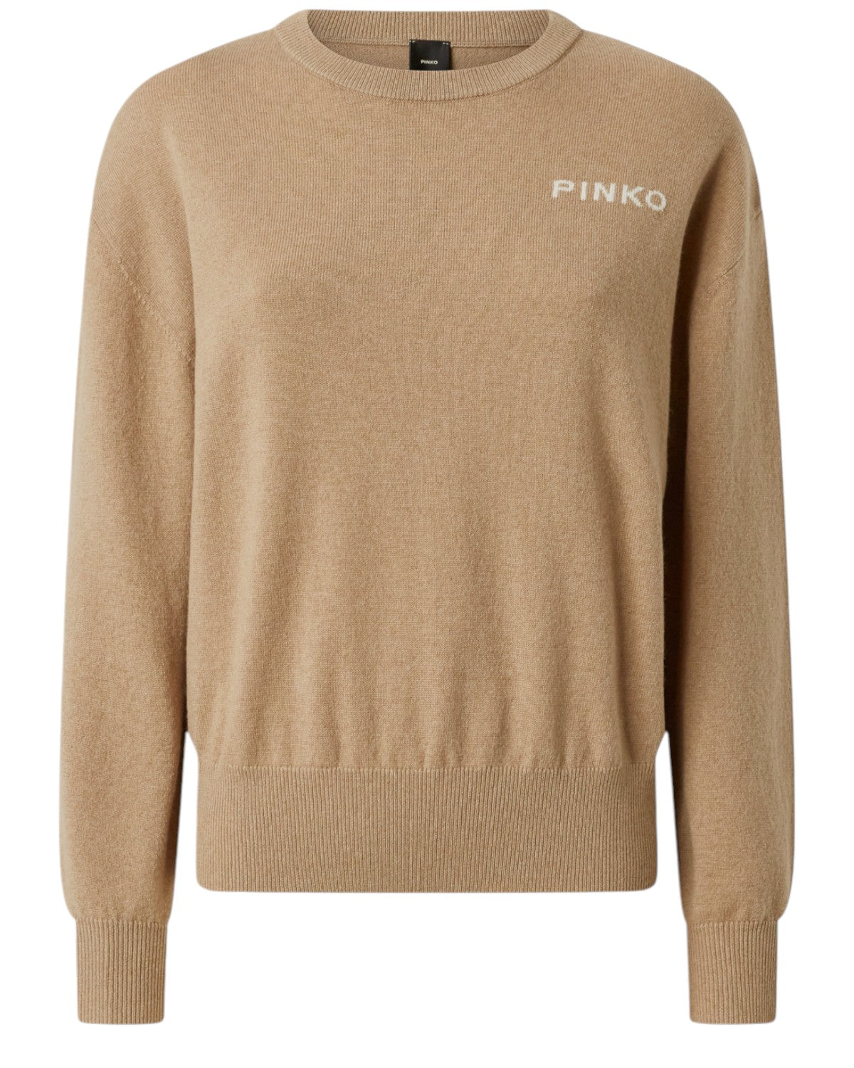 Maglione Lana Cashmere Pinko con Logo Love Birds beige, girocollo e maniche lunghe, ideale per l'inverno e perfetto per look casual chic.