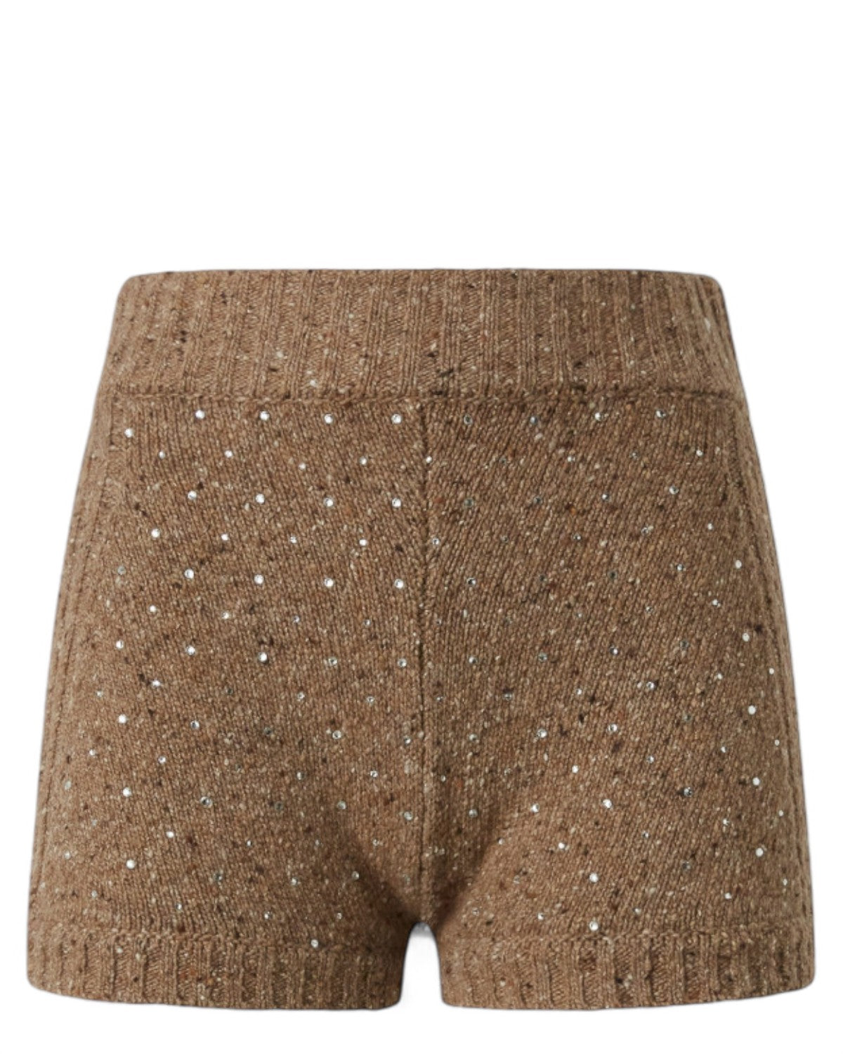 Shorts vita alta maglia bouclè PINKO color cammello con strass frontali, vestibilità slim e lavorazione invernale elegante.