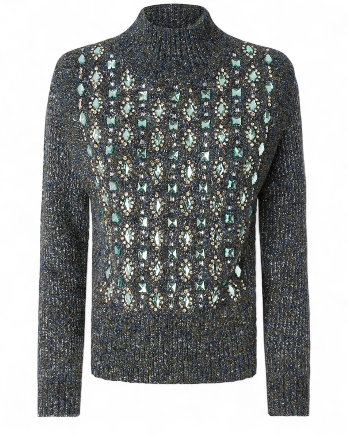 Maglia Dolcevita con Cristalli e Perle - PINKO in filato mouliné blu con decorazioni frontali luminose. Maglieria elegante per look invernali sofisticati.