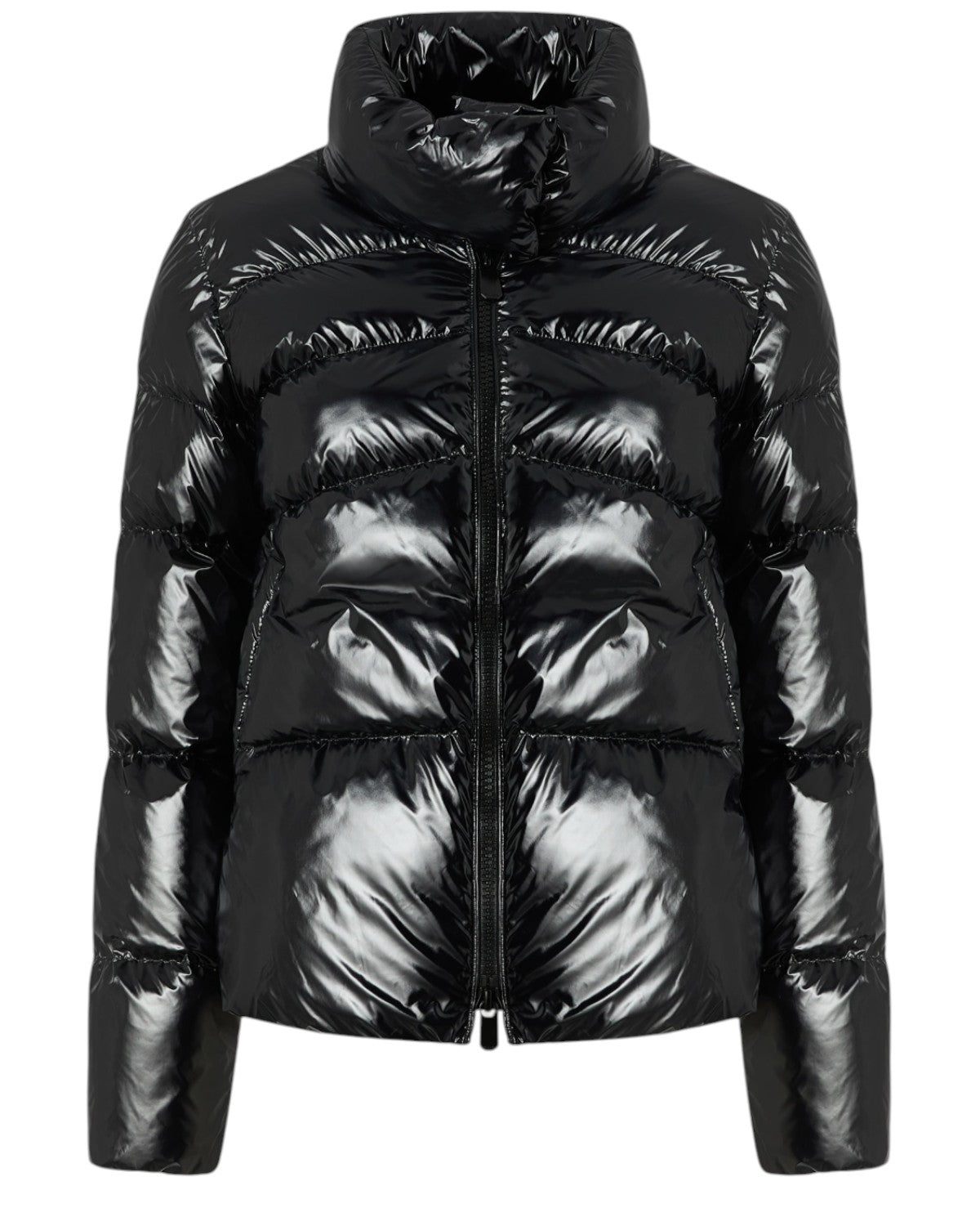 Piumino Caban Love Birds in Crystal Nylon nero lucido con zip frontale e trapuntature orizzontali, ideale per l'inverno con stile.