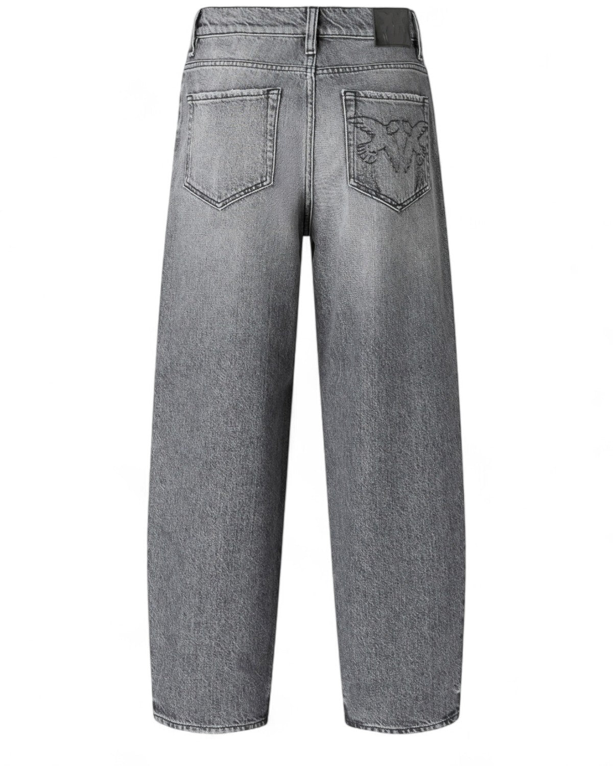Retro dei Jeans Balloon Love Birds in denim grigio con logo ricamato sulla tasca posteriore, stile casual e dettagli iconici PINKO.