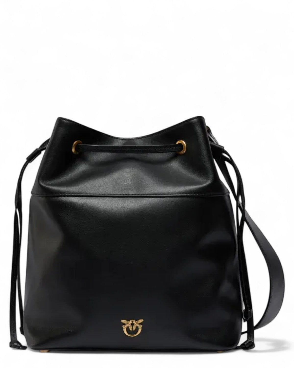 Borsa Secchiello Pelle Pinko con Logo Love Birds in nero, design elegante con chiusura a coulisse e tracolla regolabile per uso a spalla o crossbody.