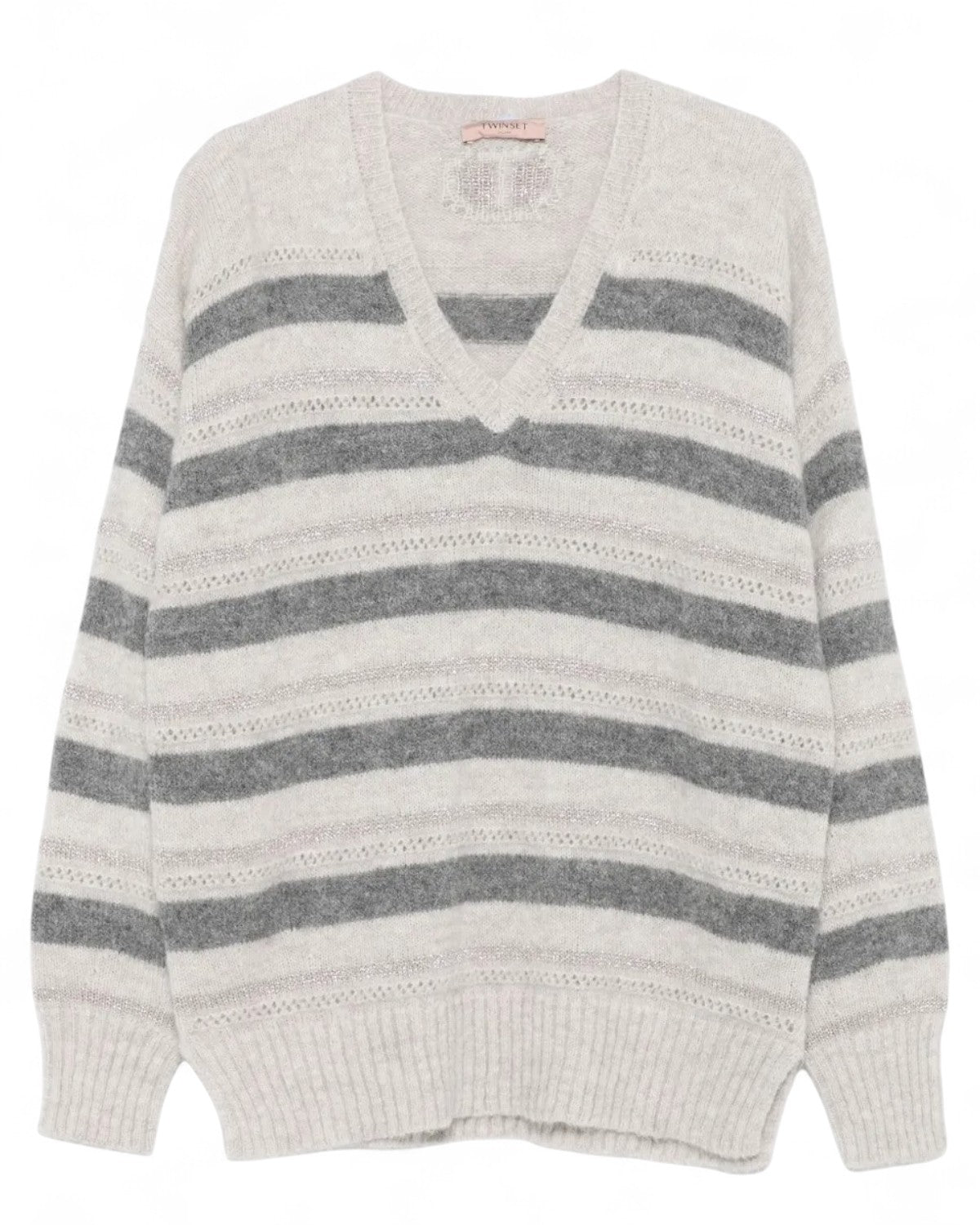 Maglione a Righe Grigio con Scollo a V-Twinset-Maglieria-Vittorio Citro Boutique