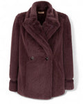 Giacca ecopelliccia donna Twinset doppiopetto viola con bottoni frontali, ideale per look casual chic invernali.