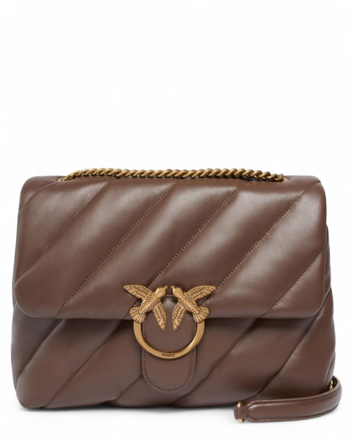 Borsa Puff Maxi Pinko in nappa marrone con trapuntatura diagonale e fibbia Love Birds dorata, perfetta per look eleganti e invernali.