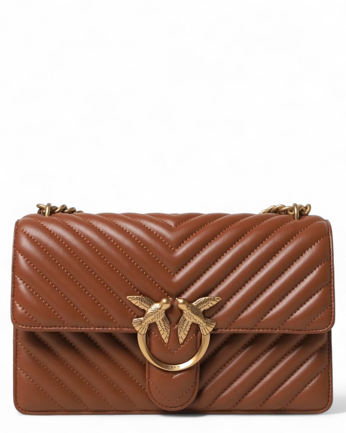 Borsa a tracolla Nappa Chevron Pinko in nappa matelassé marrone con motivo chevron e fibbia Love Birds dorata, perfetta per look eleganti.