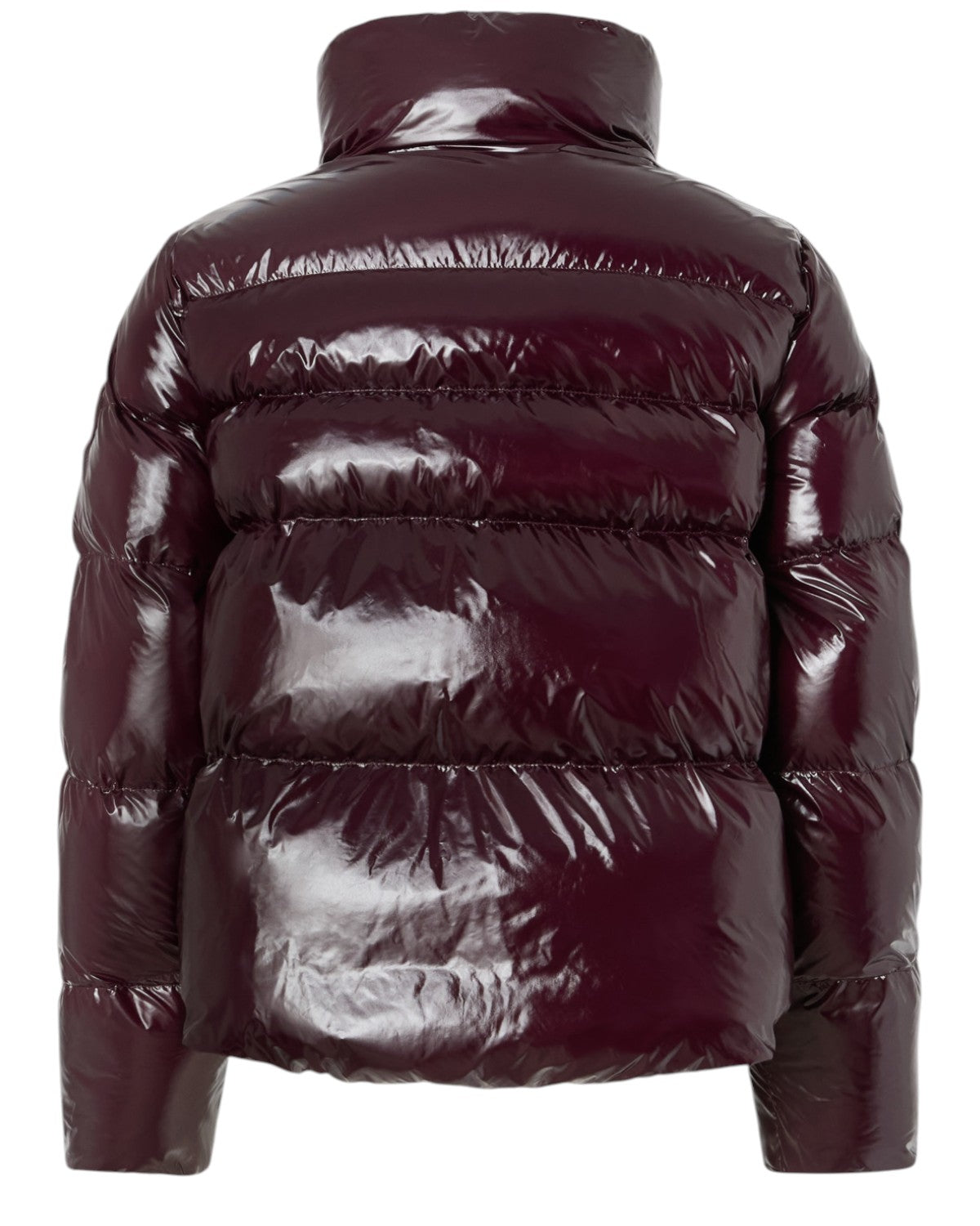 Retro del piumino caban Love Birds in nylon crystal trapuntato, finitura lucida e design avvolgente per look invernali eleganti.