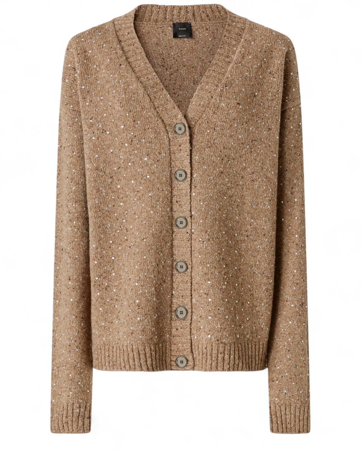 Cardigan Bouclé con Strass PINKO color cammello, chiusura a bottoni e dettagli in strass, ideale per look femminili e invernali.