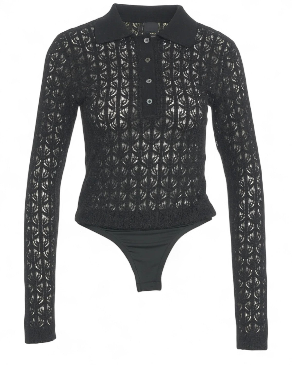 Body Polo Travorato PINKO a maniche lunghe in pizzo nero con colletto e bottoni, ideale per look moderni e femminili.