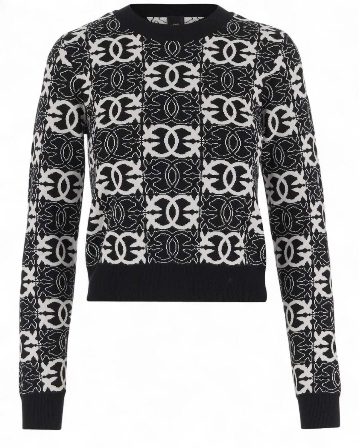 Maglia Girocollo Love Birds PINKO Elegante in misto viscosa nera con stampa all-over bianca, perfetta per look femminili invernali.