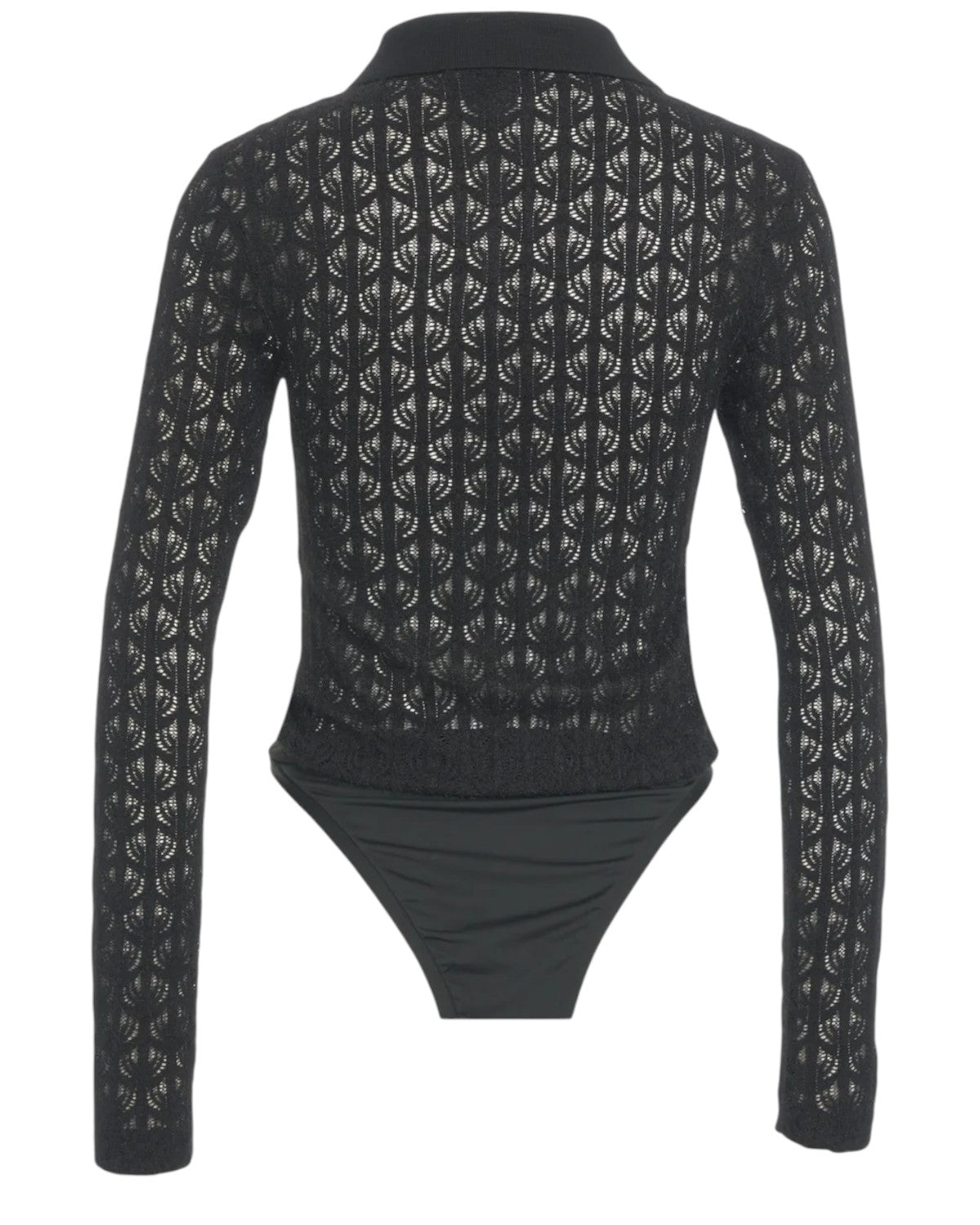 Retro del Body Polo Travorato PINKO in tessuto traforato nero, perfetto per abbinamenti eleganti con pantaloni o gonne.