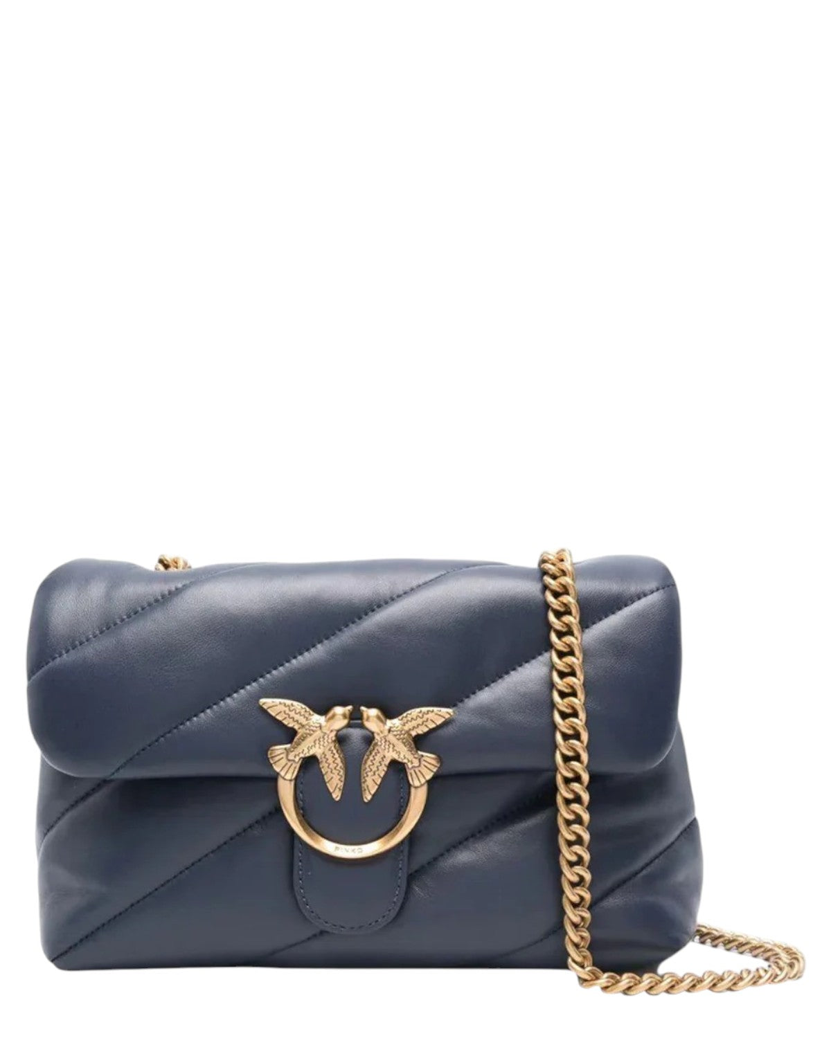 Borsa Love Puff trapuntata in nappa blu con catena regolabile e fibbia Love Birds dorata, perfetta per look eleganti invernali.