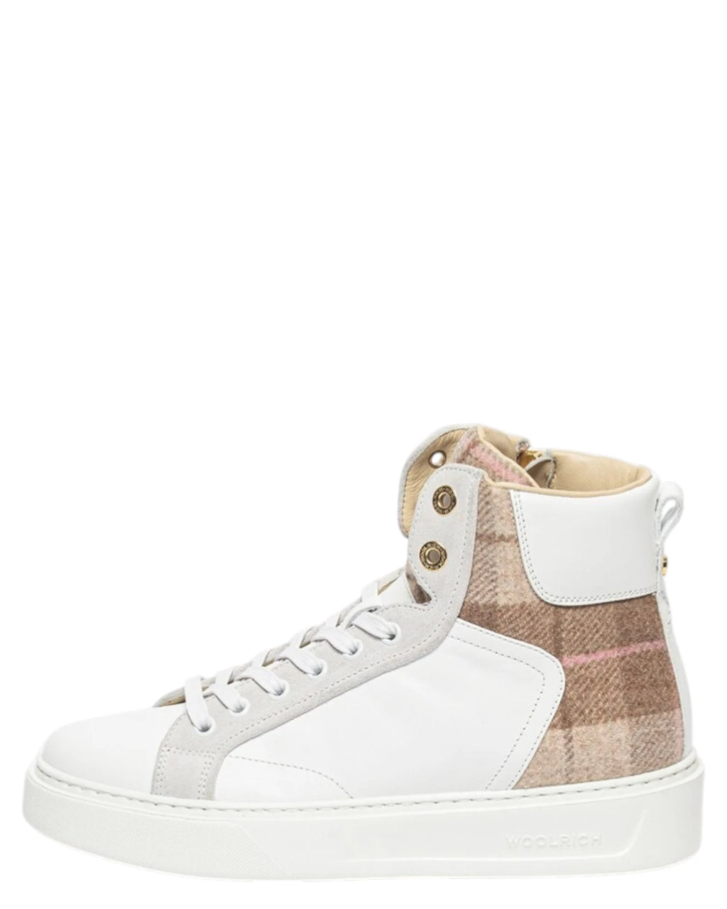 Sneakers femme montantes en cuir blanc et tissu beige avec zip latéral