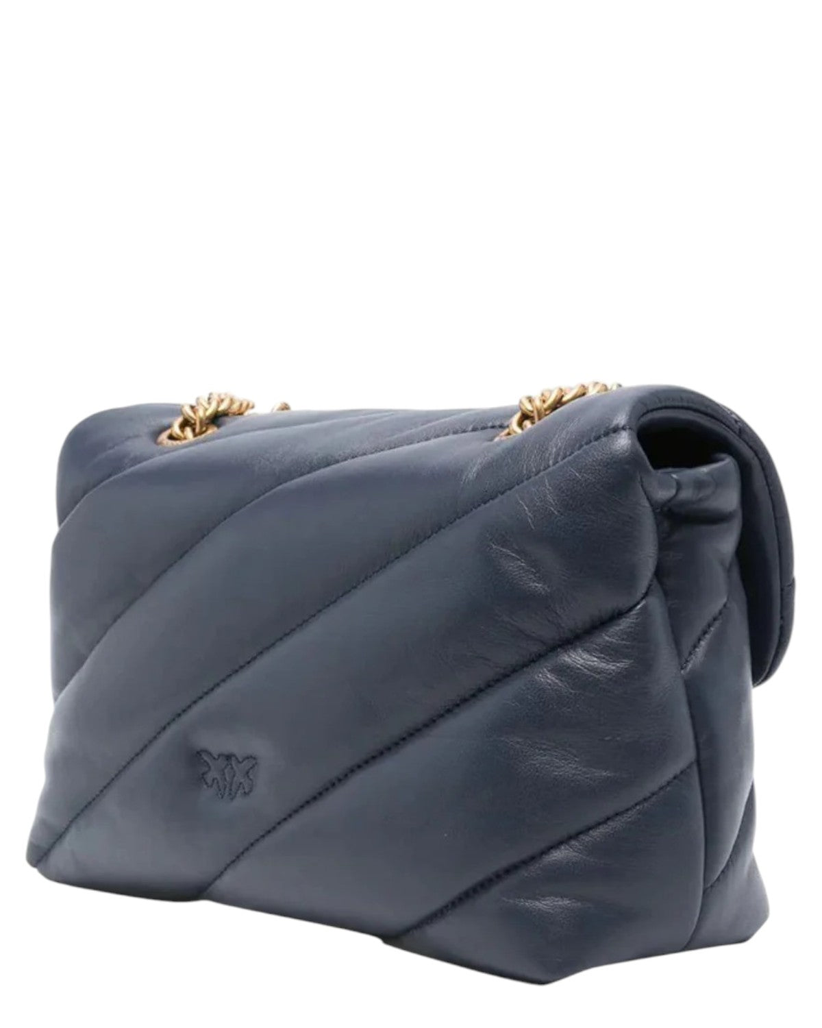 Retro della borsa Love Puff in pelle trapuntata blu con cuciture diagonali e logo inciso, ideale tra le borse a spalla da donna FW26.