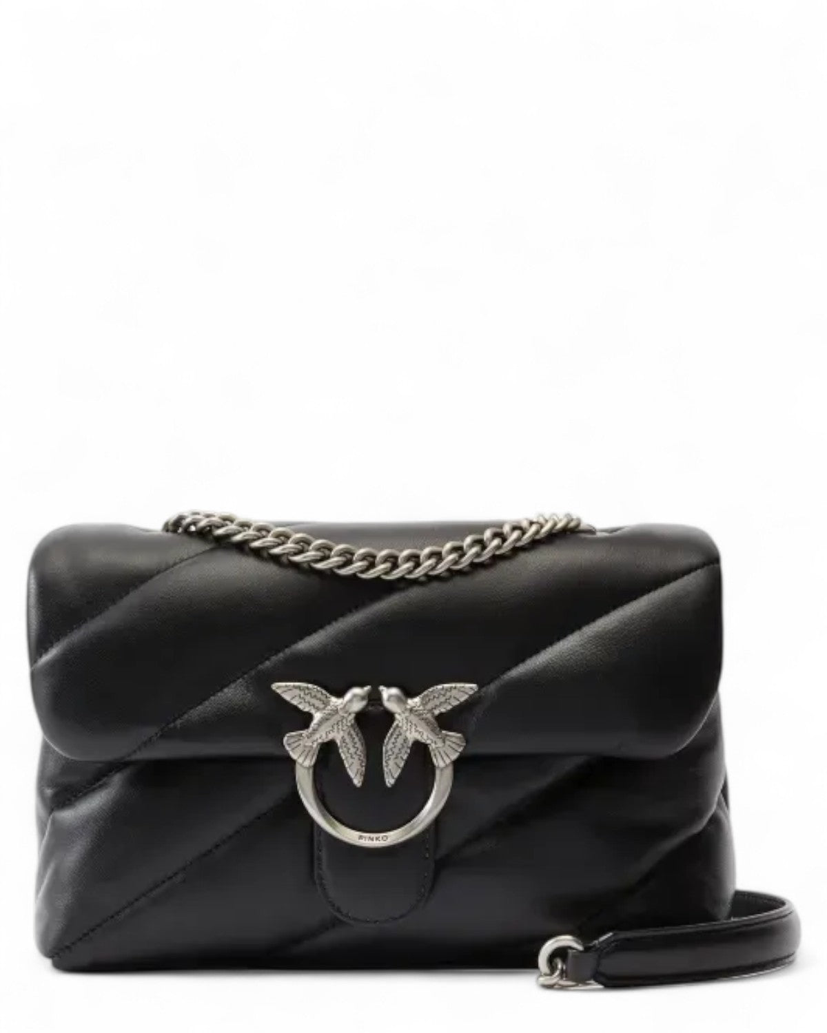 Borsa Love Puff in pelle nera trapuntata con catena e fibbia Love Birds, perfetta per look eleganti e versatili. Must-have tra le borse a spalla.