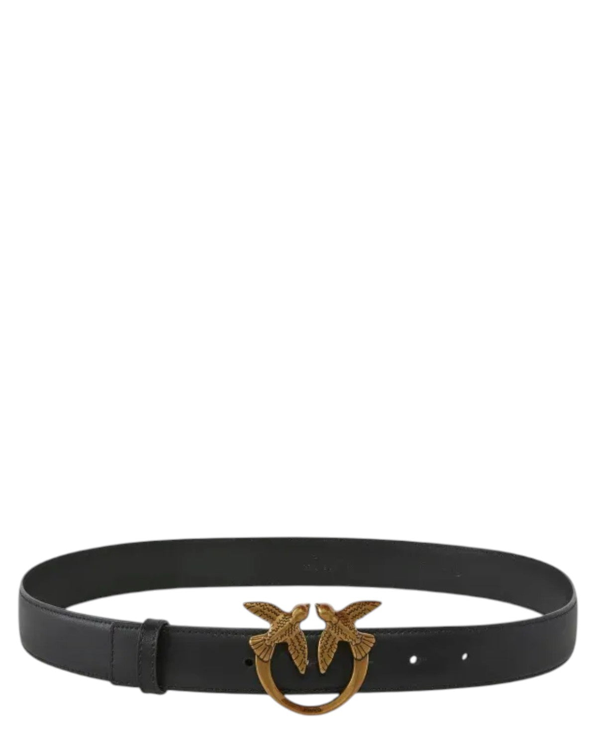 Cintura Pelle Love Birds con Fibbia Diamond Cut da 3cm in nero, con fibbia dorata decorata da due rondini, stile elegante e femminile.