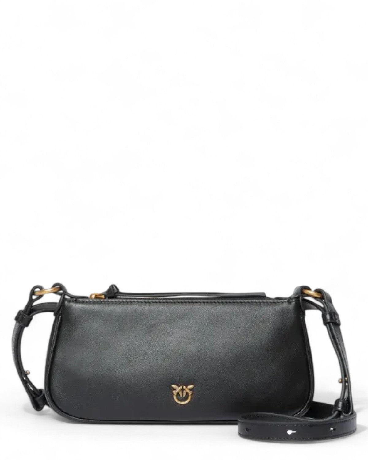 Pinko Borsa Donna Mini Half Moon Baguette in pelle nera con logo Love Birds dorato e tracolla regolabile, perfetta per look eleganti invernali.