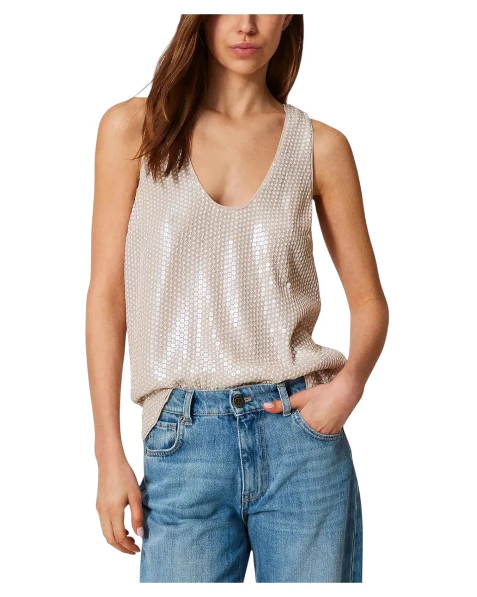 Top con paillettes beige e laccetti al collo-Twinset-Top-Vittorio Citro Boutique