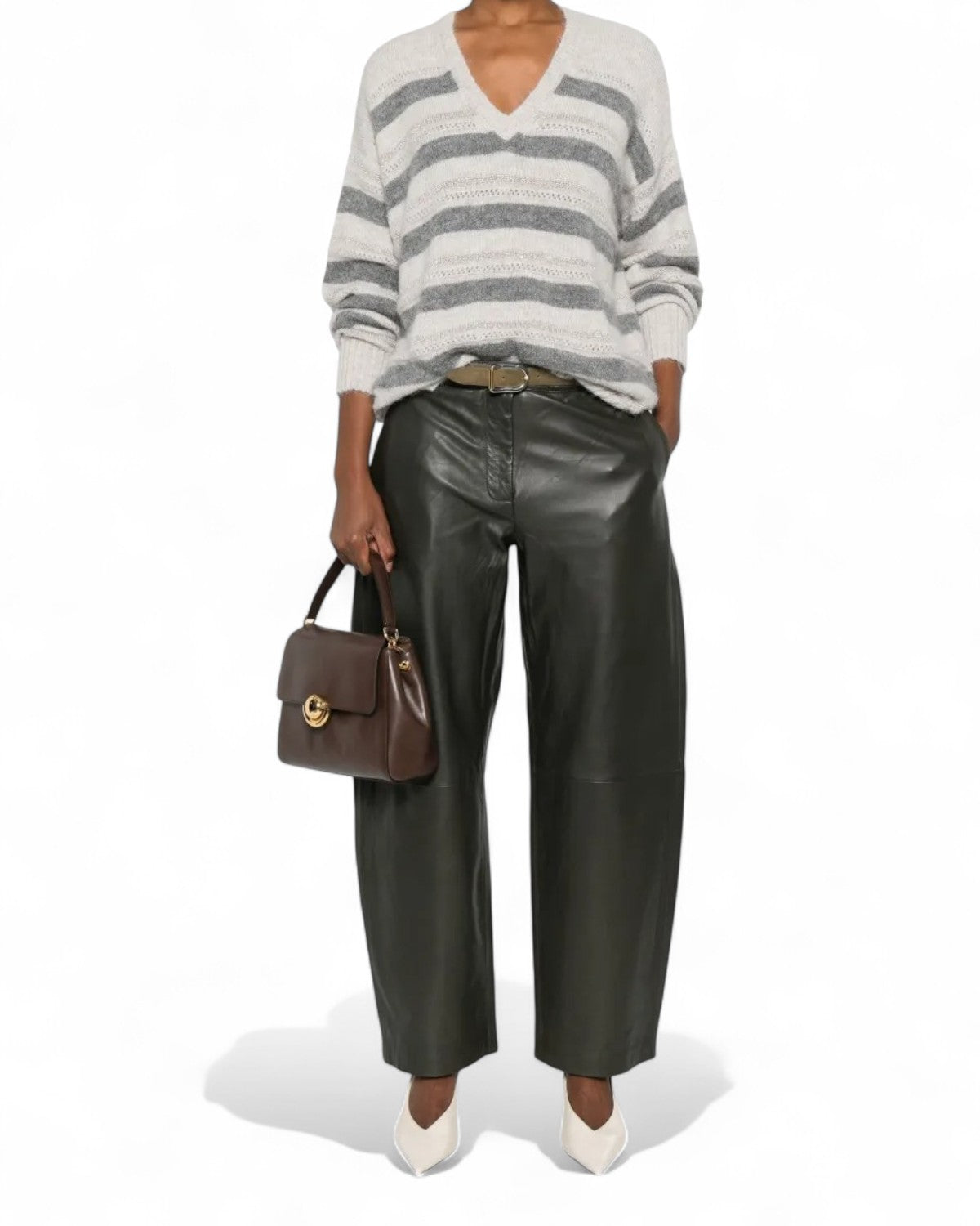 Maglione a Righe Grigio con Scollo a V-Twinset-Maglieria-Vittorio Citro Boutique