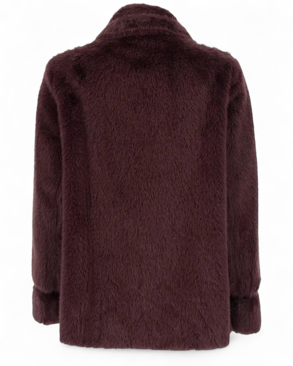 Retro della giacca doppiopetto Twinset in ecopelliccia viola, taglio dritto e finitura morbida per outfit eleganti e caldi.