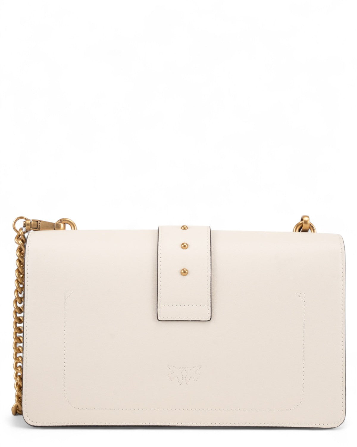 Retro della borsa Love Bag One Simply in pelle PINKO con chiusura a bottone e logo inciso, perfetta per look invernali sofisticati.