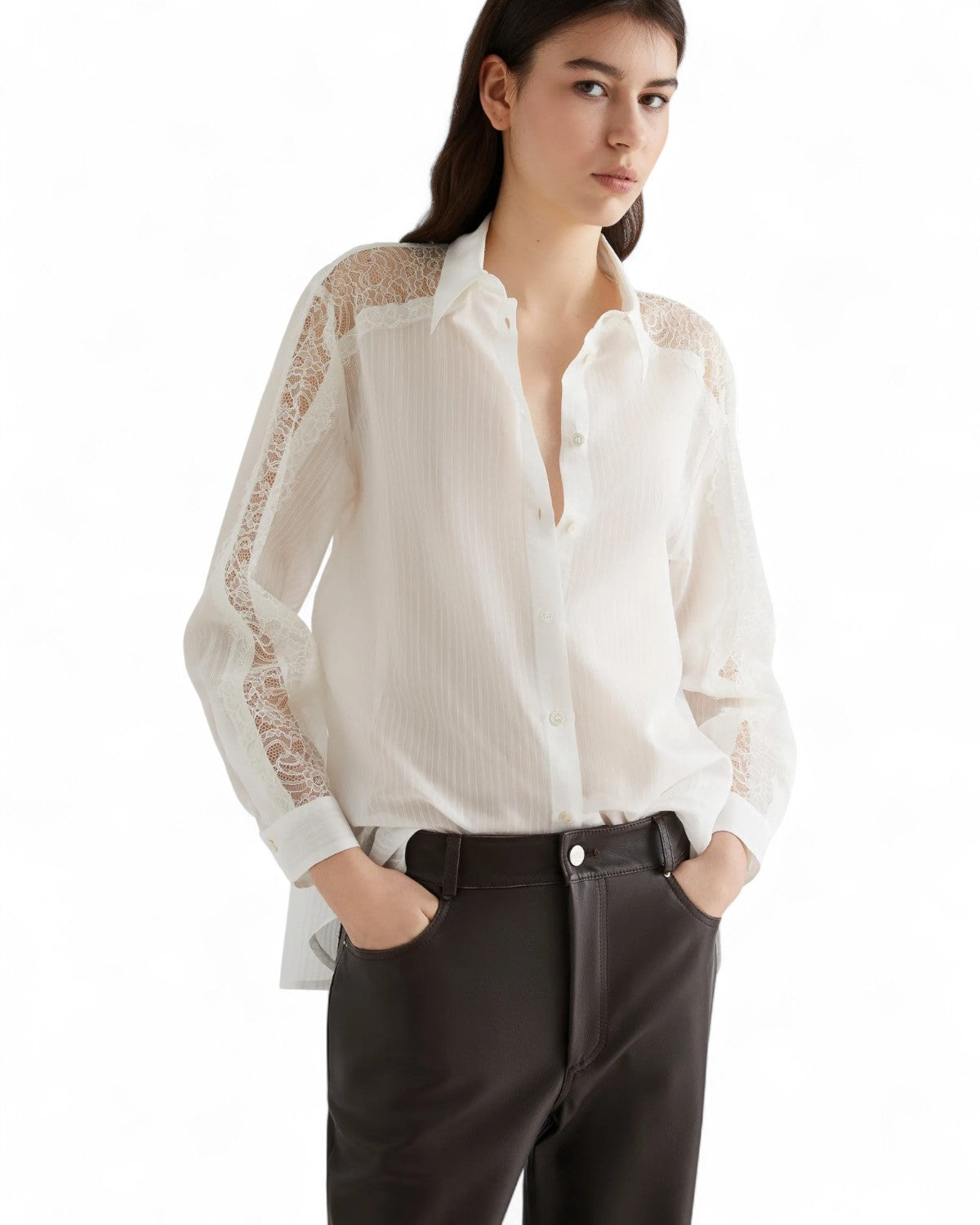Camicia in cotone e seta con intarsi in pizzo sulle maniche-Marella-Camicie-Vittorio Citro Boutique