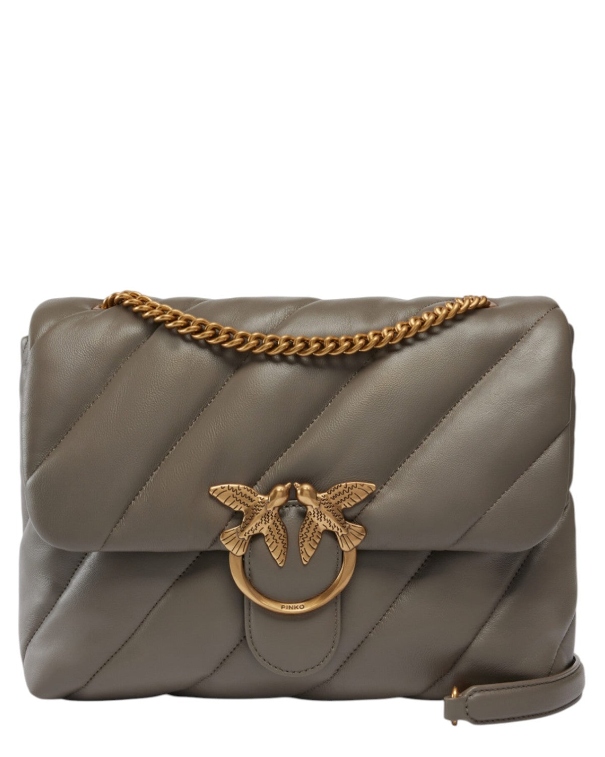 Borsa Big Love Bag Puff Maxi di Pinko in nappa trapuntata grigia con catena dorata e fibbia Love Birds, perfetta per look eleganti.