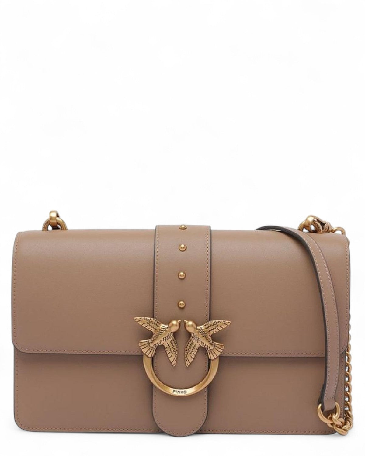 Borsa Love Bag Simply Pelle con Fibbia Love Birds in pelle beige con tracolla regolabile e chiusura a zip, perfetta per look eleganti.