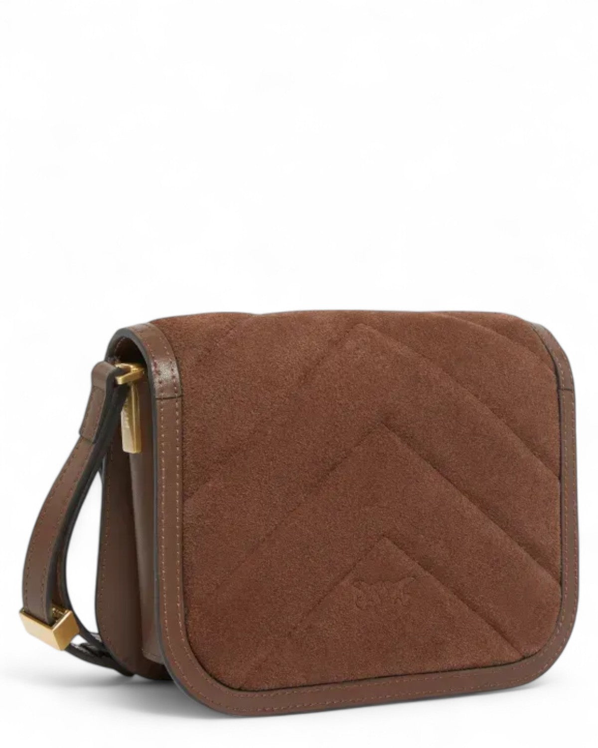 Retro della PINKO Mini Love Bag Box in pelle scamosciata marrone con motivo trapuntato a spina di pesce, design compatto e raffinato.