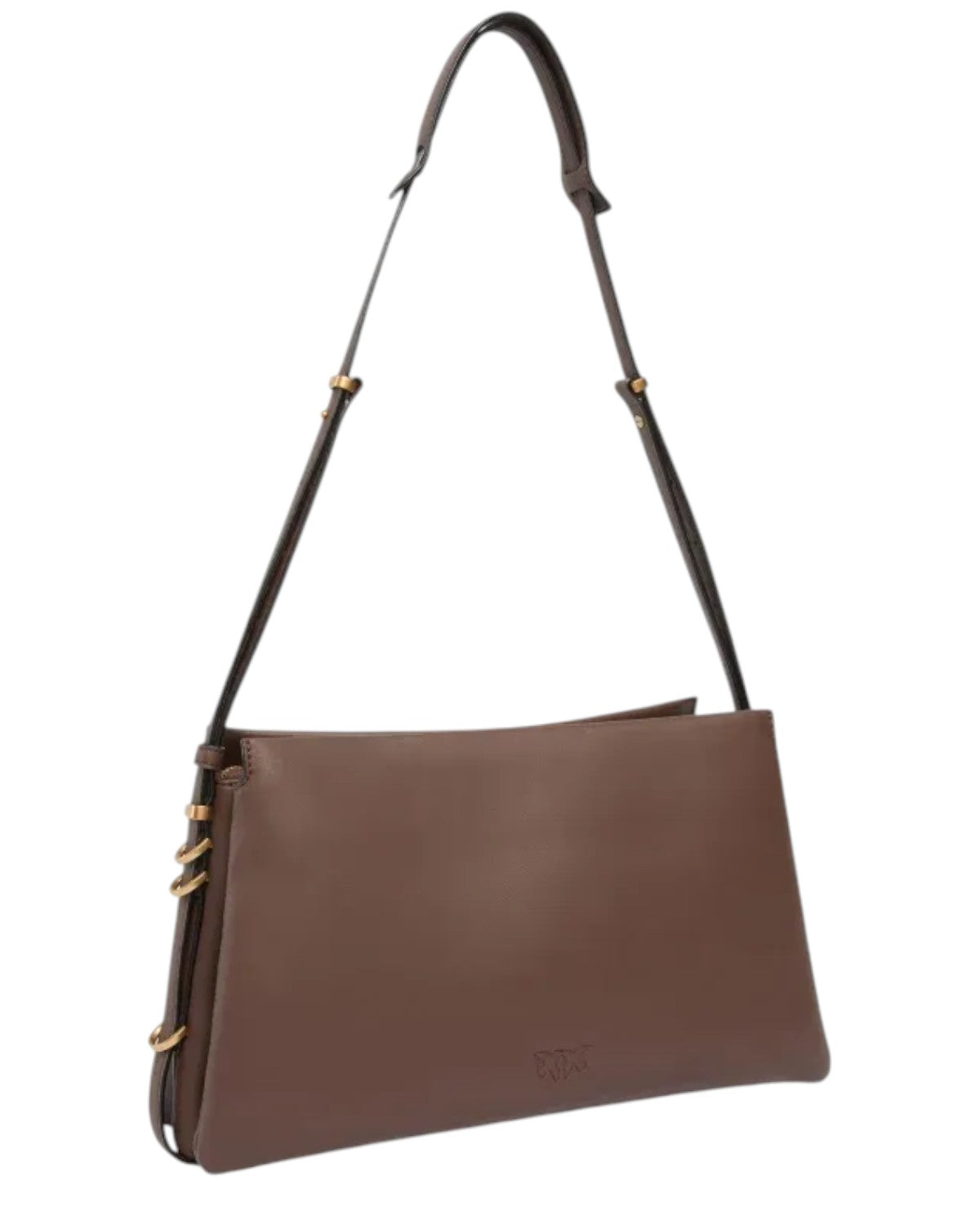 Borsa a spalla Pinko in pelle liscia marrone con tracolla regolabile e struttura a tre scomparti, ideale per l'autunno inverno.