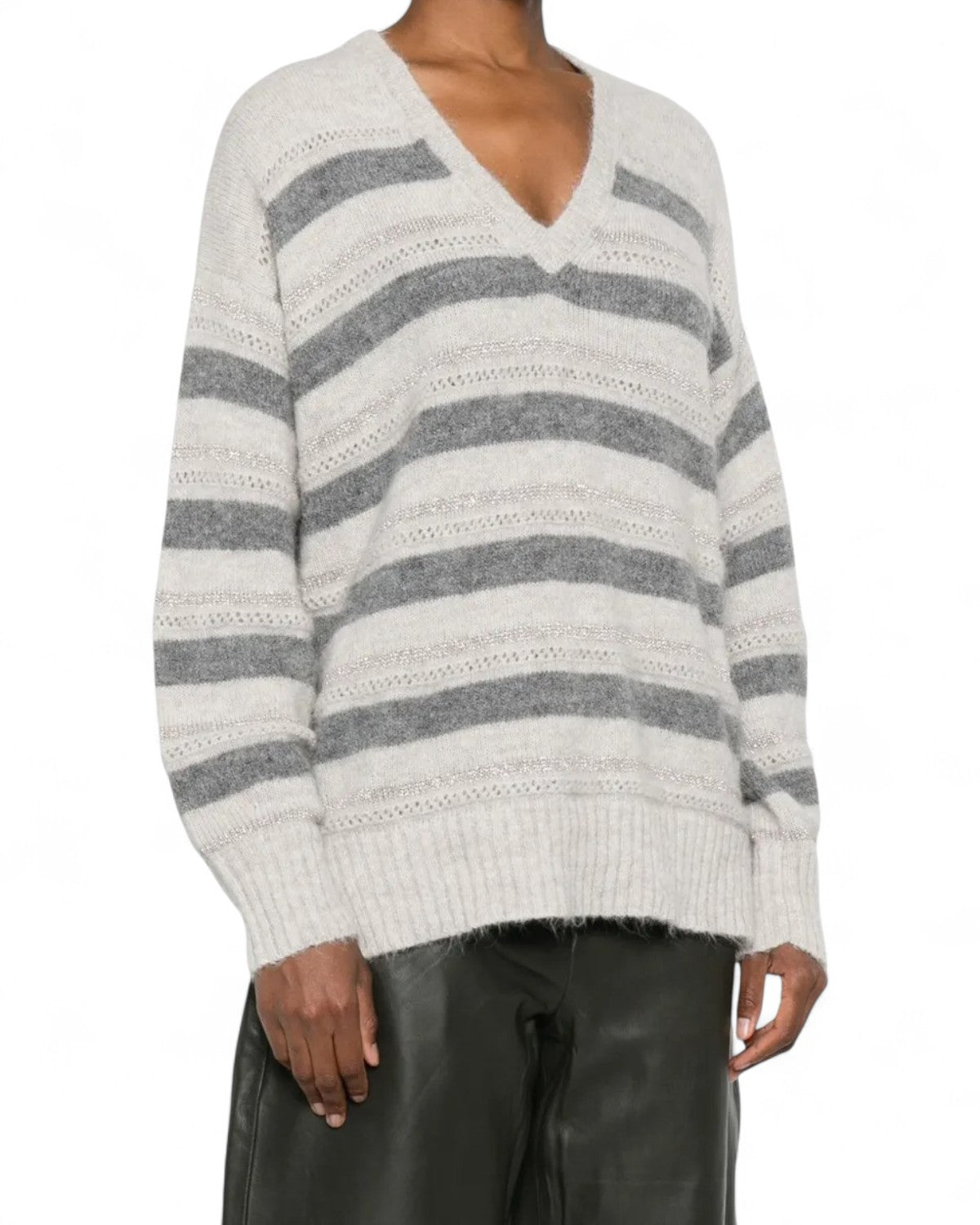 Maglione a Righe Grigio con Scollo a V-Twinset-Maglieria-Vittorio Citro Boutique