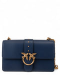 Borsa Love Bag One Simply PINKO in pelle blu con fibbia Love Birds dorata e tracolla a catena, elegante per look quotidiani.