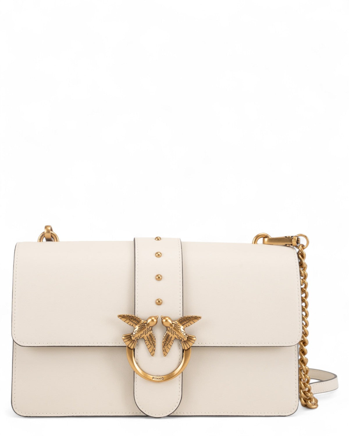 Borsa Love Bag One Simply in pelle PINKO color avorio con fibbia Love Birds dorata e tracolla a catena, elegante e raffinata per donna.