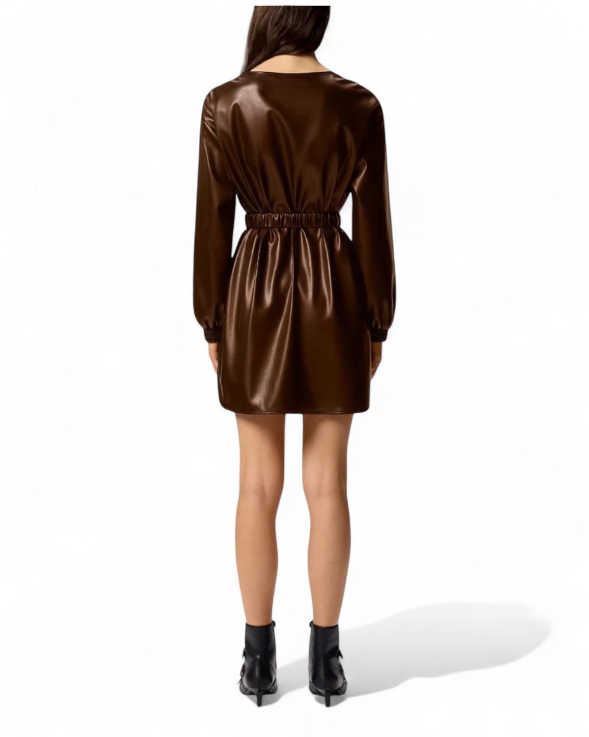 Retro dell'abito corto effetto pelle con cintura Love Birds, finitura lucida e taglio dritto per un look moderno e femminile.