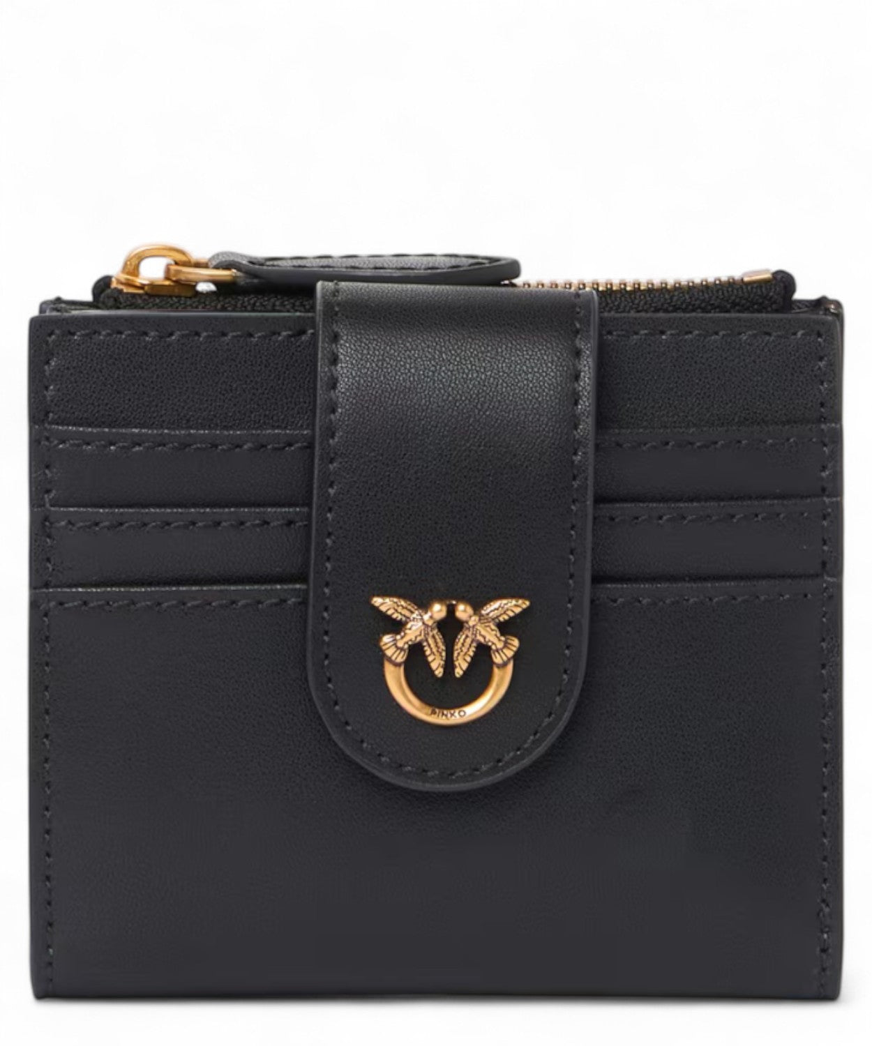 Pinko portafoglio piccolo donna in pelle liscia nera con logo Love Birds dorato e chiusura a bottone, design compatto e raffinato.
