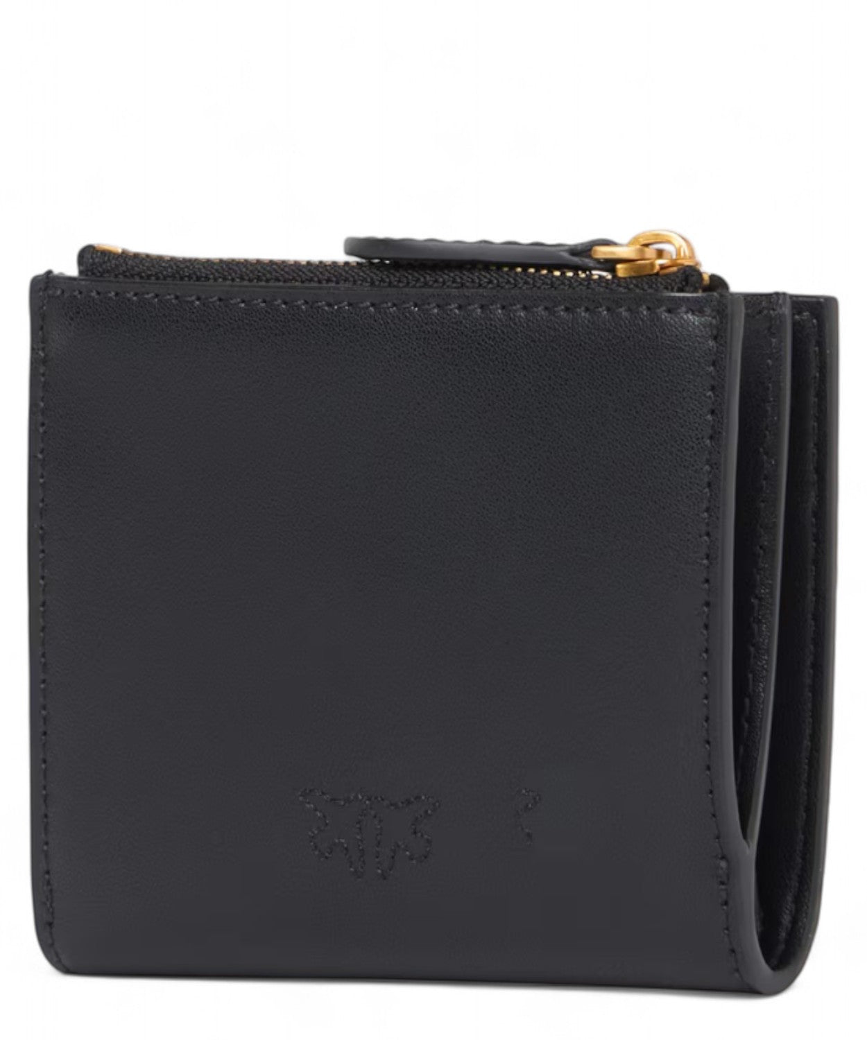 Retro del portafoglio Pinko piccolo donna in pelle liscia nera con logo impresso tono su tono e finiture eleganti.