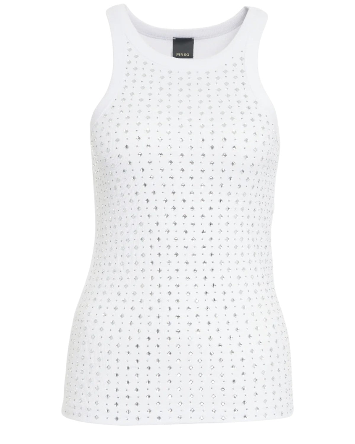 Top Maglia Strass Pinko - Canotta Annita bianca in maglia con strass applicati sul davanti, ideale per look eleganti e glamour.
