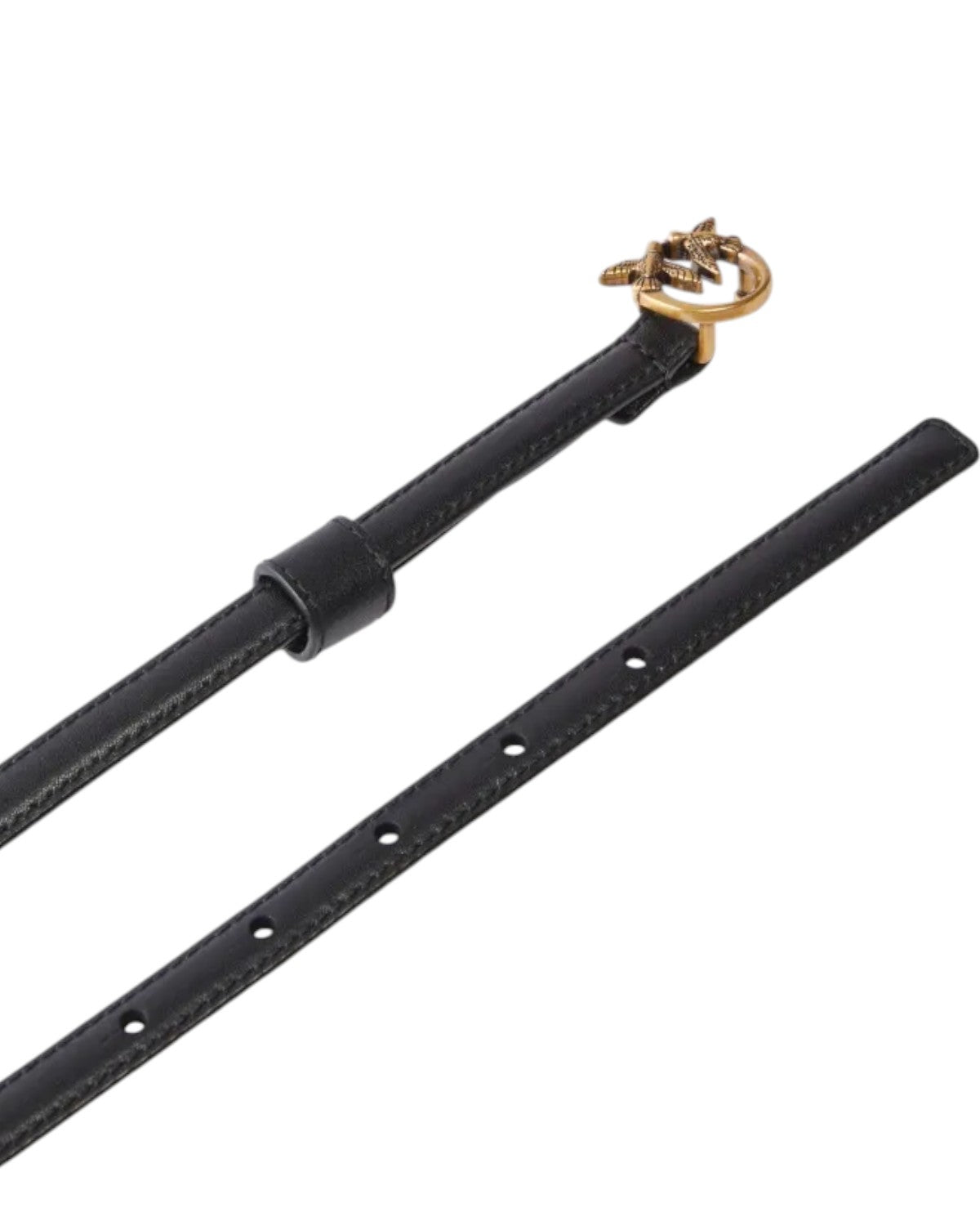 Cintura Pinko 1cm regolabile in pelle nera con mini fibbia Love Birds, accessorio moda donna per outfit invernali eleganti.