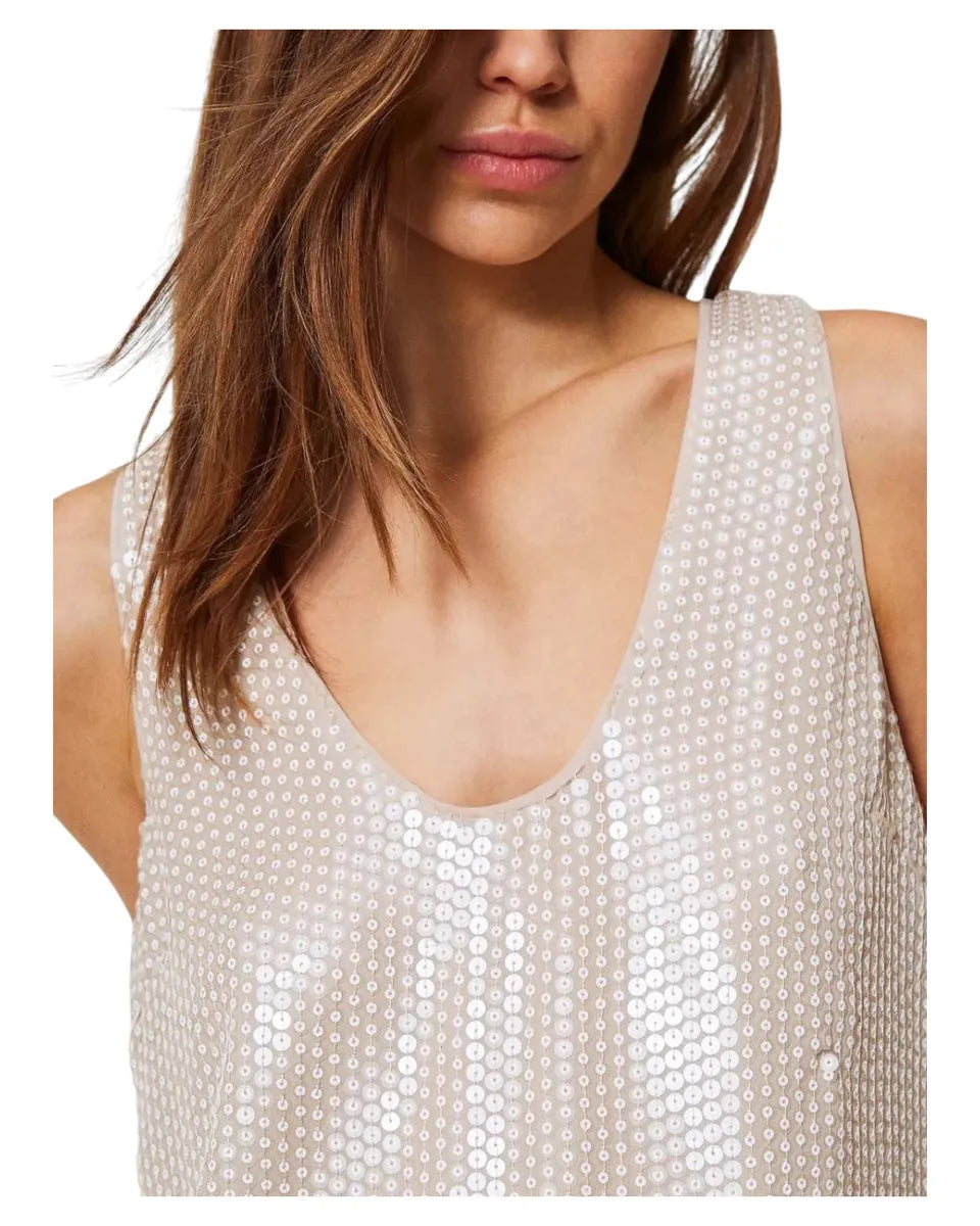 Top con paillettes beige e laccetti al collo-Twinset-Top-Vittorio Citro Boutique