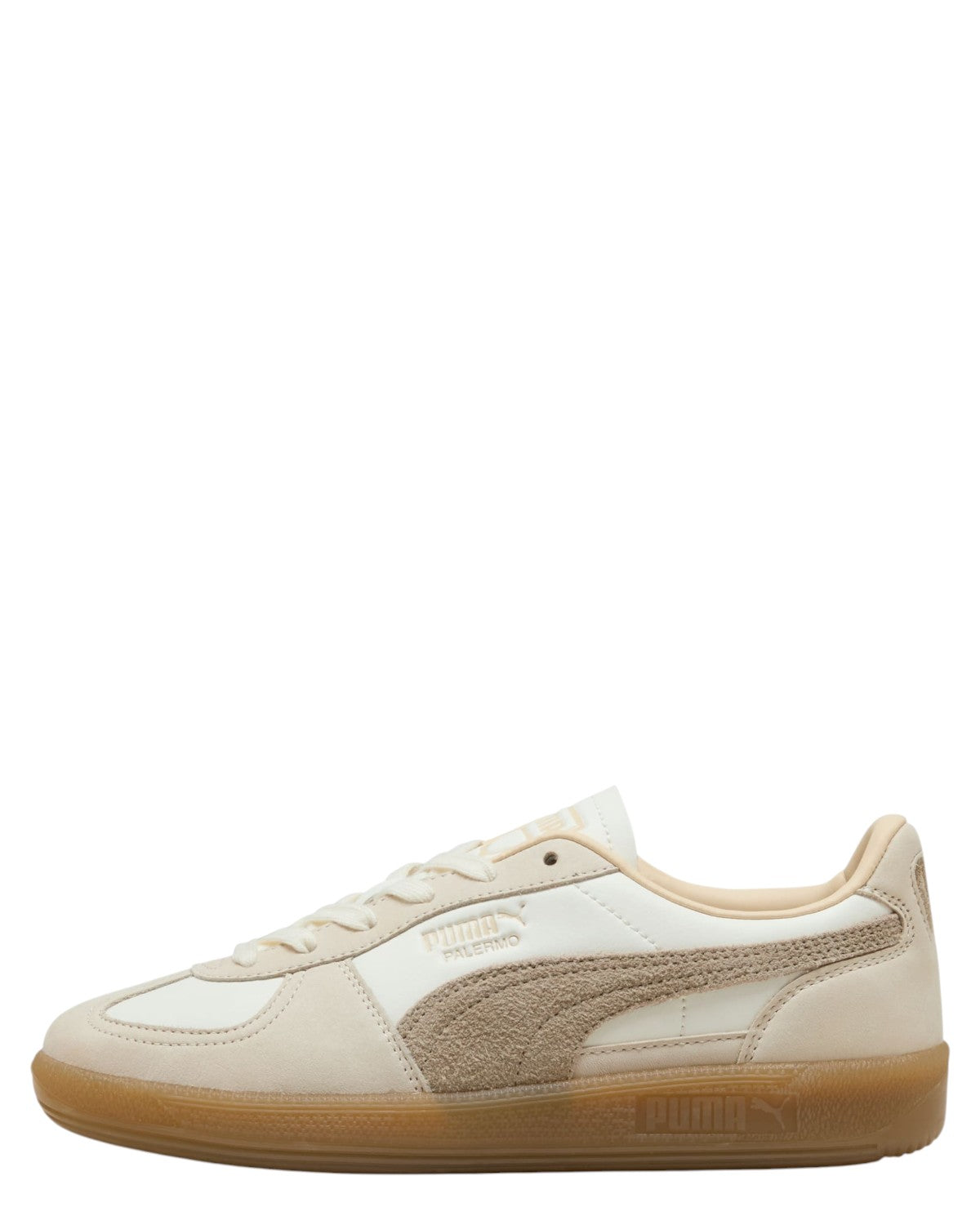 Profilo laterale delle Puma Palermo Elevated da donna, colorazione Warm White – Chocolate Chip, ideali per look streetwear invernali.