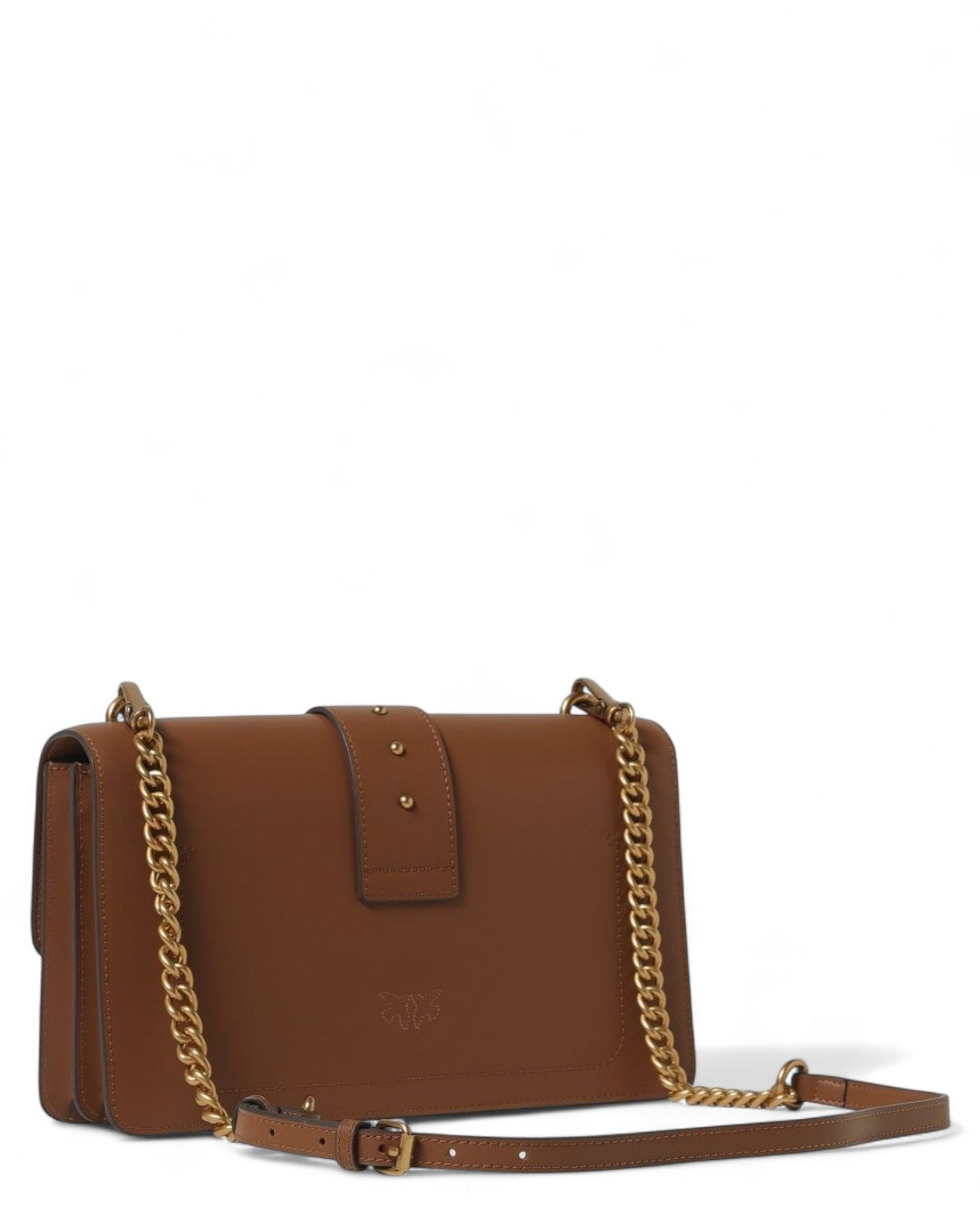 Borsa a spalla Love Bag Simply in pelle marrone con tracolla a catena regolabile e dettagli dorati. Accessorio moda inverno donna FW26.