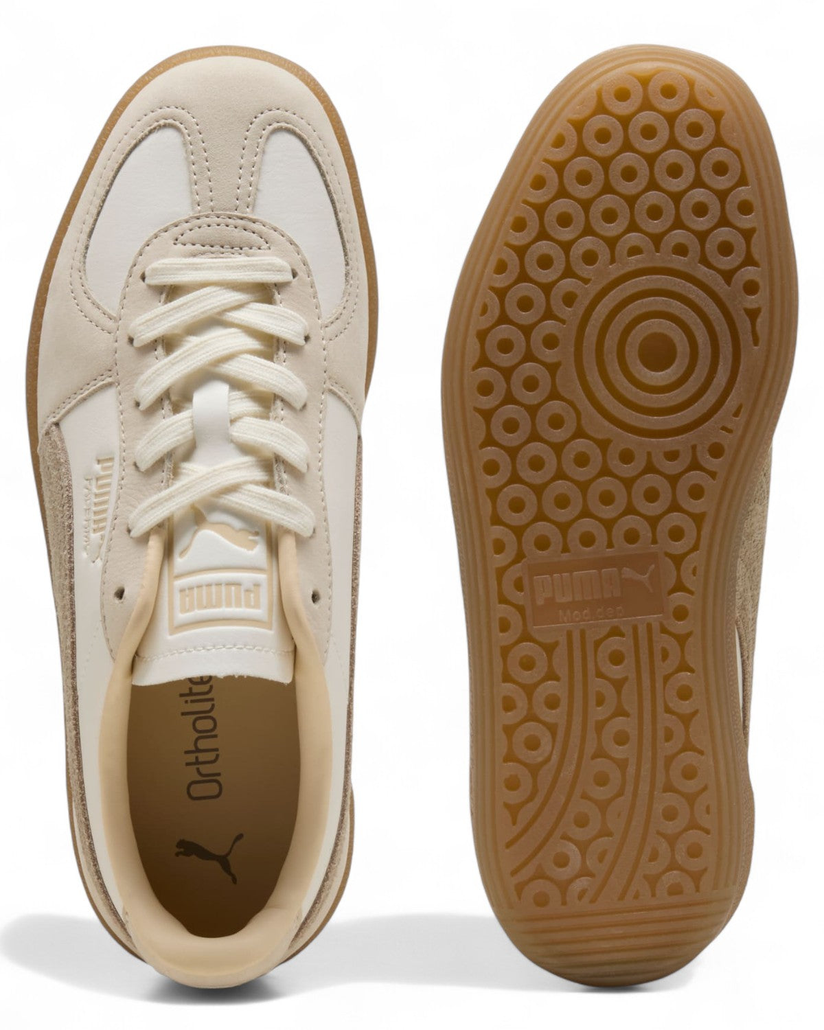 Vista dall’alto e suola delle Puma Palermo Elevated donna, soletta Ortholite e battistrada con motivo circolare antiscivolo.