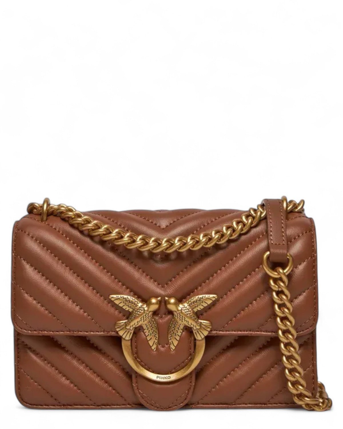 Mini Love Bag Chevron in nappa trapuntata marrone con fibbia dorata Love Birds e tracolla a catena, borsa a spalla elegante da donna FW26.