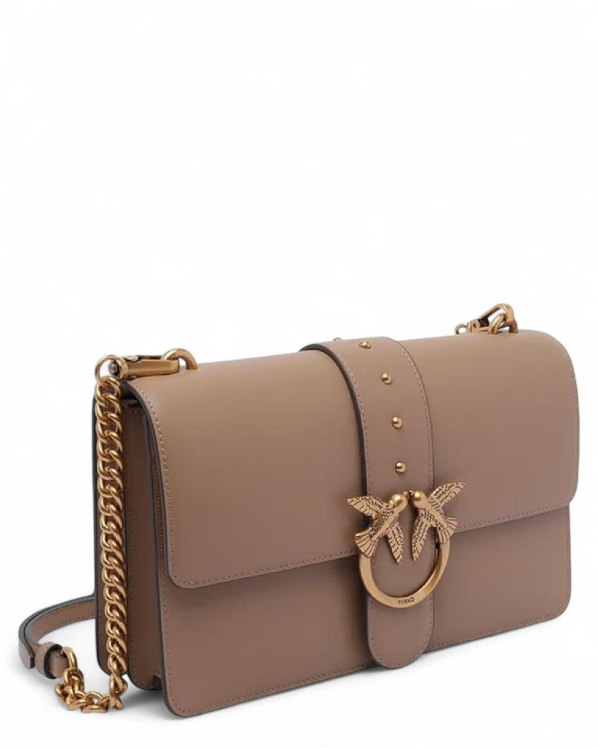 Borsa a spalla Pinko Love Bag Simply in pelle mano seta beige con fibbia dorata Love Birds e catena dorata, ideale per l'inverno donna FW26.