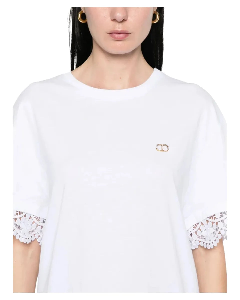T-shirt bianca con maniche in pizzo-Twinset-T-shirt-Vittorio Citro Boutique