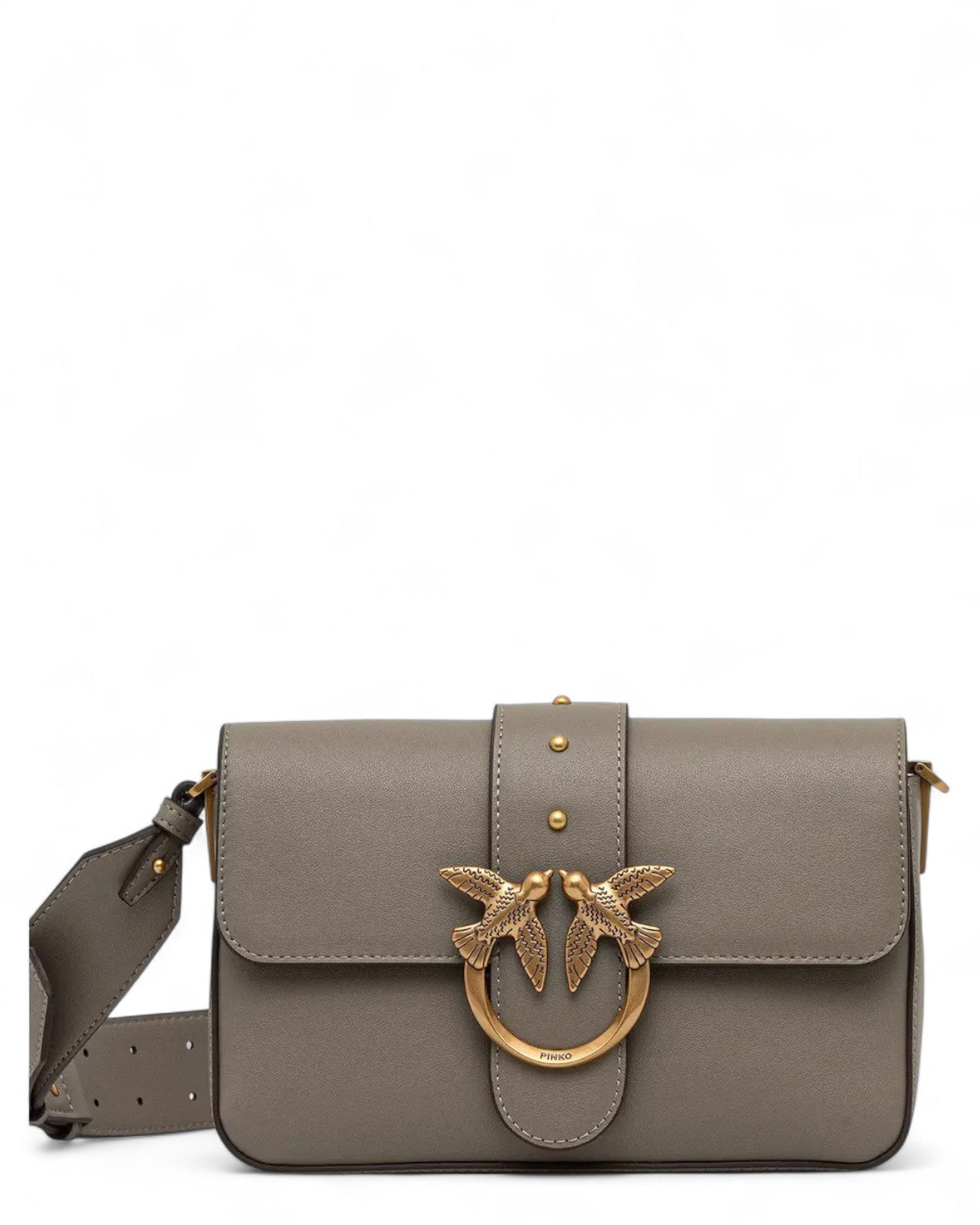 Mini Love Bag Slouchy Pelle PINKO in pelle grigia con chiusura a patta e logo Love Birds dorato. Borsa a spalla elegante e compatta per donna.