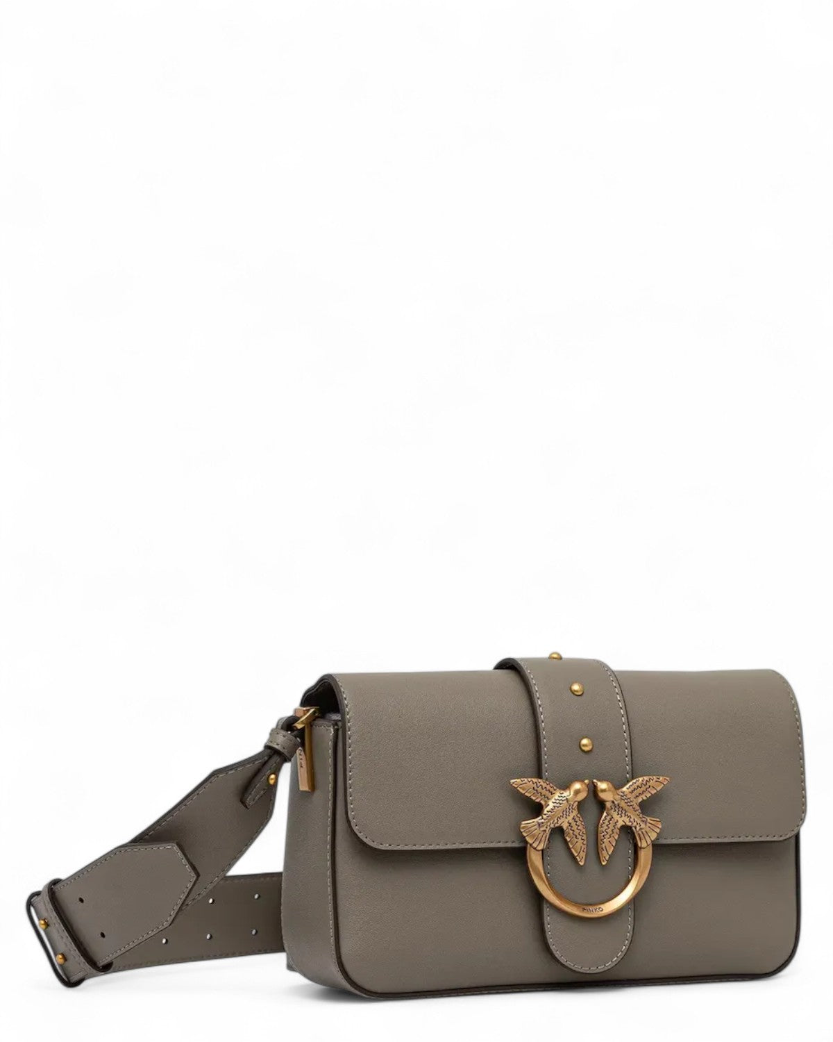 Borsa Mini Love Bag Slouchy PINKO vista laterale, in pelle grigia con tracolla regolabile e dettagli dorati. Perfetta per look versatili e raffinati.