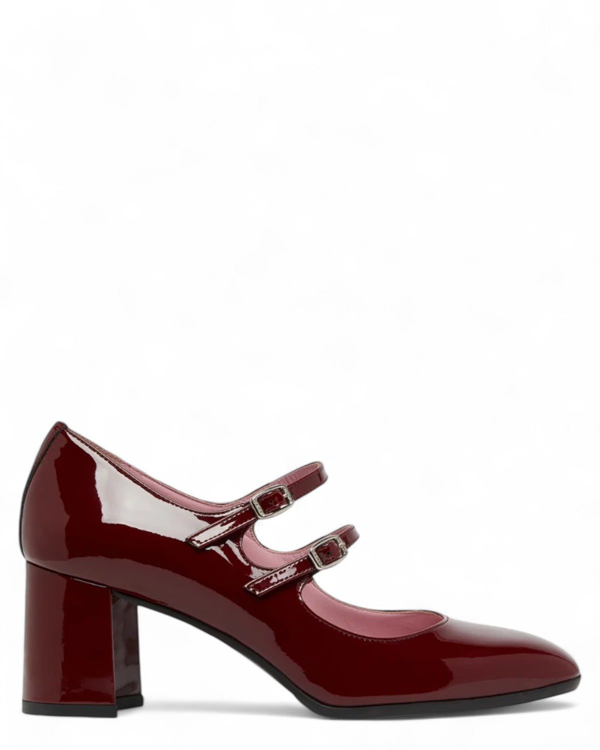 Mary Jane Carel Paris Alice in pelle verniciata bordeaux con doppio cinturino e tacco largo 6cm, vista laterale elegante e raffinata.
