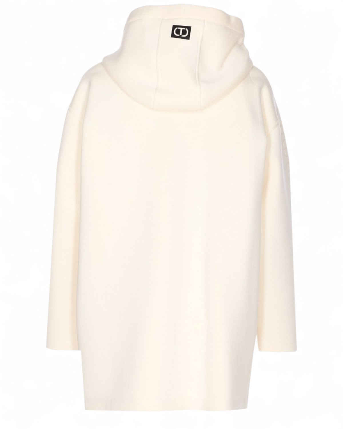 Retro della giacca con cappuccio Twinset panna, con logo ricamato sul cappuccio. Design minimal per look eleganti e versatili.